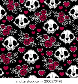 seamless illustration with composition of animal skulls and roses