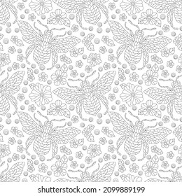 Seamless illustration with contour bees and flowers,dark outlines insects and flowers on a white background