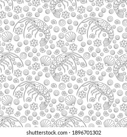 Seamless illustration with contour shrimps, flowers and shells, dark outline animals on a white background