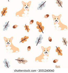 Seamless illustration with corgi, dog, acorns and autumn leaves. Perfect for wallpaper, gift paper, template filler, web page background, fall greeting cards.Vector illustration

