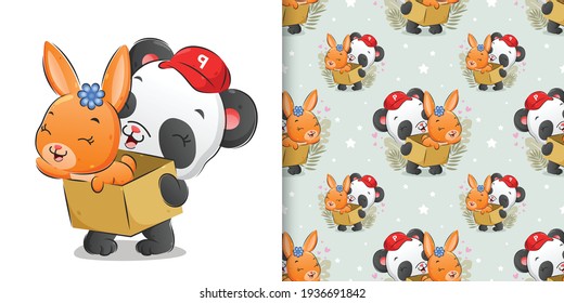 The seamless illustration of courier panda holding the box the the cute rabbit on it