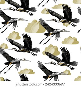 Seamless illustration of a crane and a cloud, in a color style. Gray heron pattern for print, sportswear, blank for designers