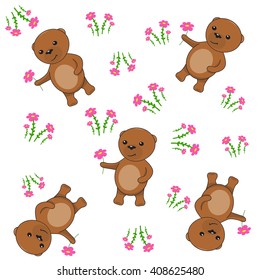 Seamless Illustration of cute Bears. Teddy Bear with flowers