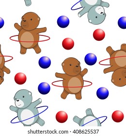 Seamless Illustration of cute Bears. Teddy Bear with a hoop and balls