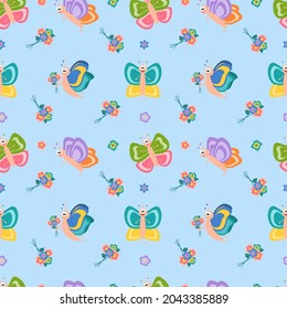 Seamless illustration with cute butterflies and flowers. Cartoon character. Vector for fabric, wallpaper or wrapping paper.