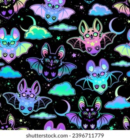 Seamless illustration of cute cartoon bats and clouds