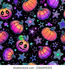 Seamless illustration of cute cartoon Halloween pumpkins and stars