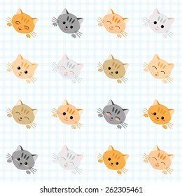 Seamless illustration with cute cats. Japanese manga style. Kawaii joyful cats. Kitten background. Endless texture. Plaid backdrop pattern. Animal vector pattern.