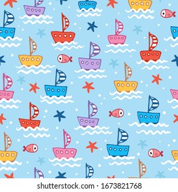 Seamless illustration with cute children`s boats on a blue background with fish and waves in cartoon style. Vector summer pattern with starfish.