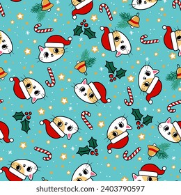 Seamless illustration. Cute kitten, candy cane and holly berry,bell and stars. Christmas illustration