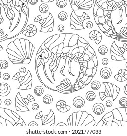 Seamless illustration with dark contour shrimps, fishes and shells, outline animals on a white  background