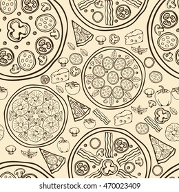 Seamless illustration of delicious pizza. Vector pattern background.