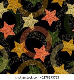 seamless illustration depicting magic symbols and skulls A seamless camouflage pattern consisting of squares cut by a five-pointed star into multi-colored fragments.