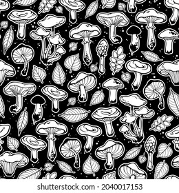 seamless illustration depicting a pattern of various mushrooms and plant leaves