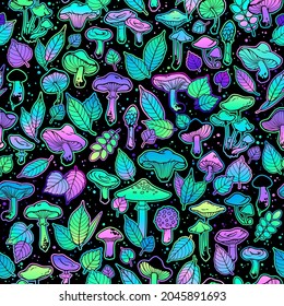 seamless illustration depicting a pattern of various bright mushrooms and plant leaves