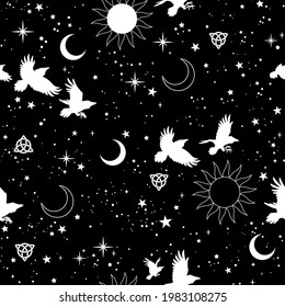 Seamless illustration depicting space, moon, sun and silhouettes of flying birds