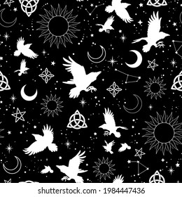 Seamless illustration depicting space, moon, sun and silhouettes of flying birds
