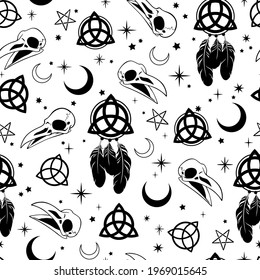 seamless illustration depicting witchcraft and scandinavian patterns