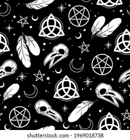 seamless illustration depicting witchcraft and scandinavian patterns