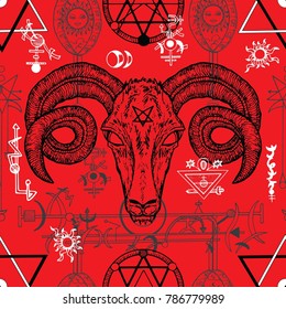 Seamless illustration with devil and death symbols on red, occult and spiritual mystic drawings