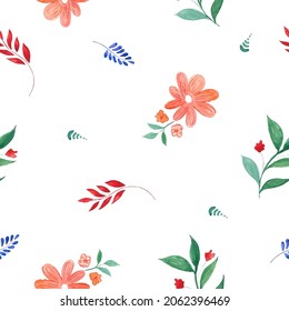 seamless illustration of different leaves, blue, green, orange leaves, flowers, spring pattern, seamless background
