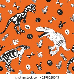 Seamless illustration of dinosaurs with bones on a colored background. Rex pattern for printing on textiles, print, blank for designer