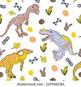 Seamless illustration of dinosaurs with bones on a colored background. Rex pattern for printing on textiles, print, blank for designer