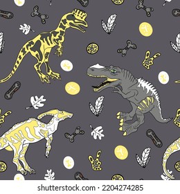 Seamless illustration of dinosaurs with bones on a colored background. Rex pattern for printing on textiles, print, blank for designer