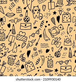 Ilustración perfecta con elementos de doodle para el Día de San Valentín. Fondo amarillo. Embalaje festivo o papel tapiz. Ilustración vectorial activada.