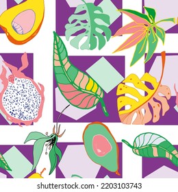 Seamless illustration of exotic fruits, tropical leaves in vibrant colors. Avocado pattern, dragon fruit, monstera, palm tree for printing on textiles, print, blank for designer
