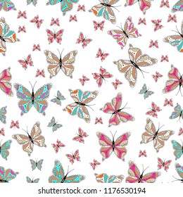 Seamless. Illustration for fabric, textile, print and invitation. Night cute butterflies on white, pink and blue abstract background. Vector illustration.