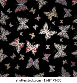 Seamless. Illustration for fabric, textile, print and invitation. Vector illustration. Night cute butterflies on black, neutral and pink abstract background.
