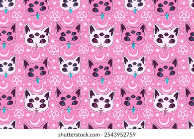 Seamless illustration with fantasy cute magical cat faces