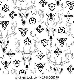seamless illustration featuring deer skull and scandinavian patterns