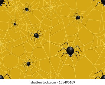 Seamless Illustration Featuring a Group of Spiders Making a Network of Spiderwebs