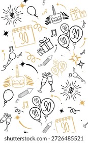 Ilustración perfecta con garabatos de celebración dibujados a mano en una paleta de colores negro y dorado. La obra de arte incluye pasteles con velas, globos con el número 30, cajas de regalo, copas de champán, confeti, fuegos artificiales, serpentinas, micrófonos y notas musicales, creando un sentimiento festivo y elegante.

El diseño repetitivo es adecuado para eventos de hitos adultos y conceptos modernos de fiesta. Su estilo de arte de línea mínima lo hace versátil para uso impreso y digital, incluyendo papel de regalo, invitaciones, tarjetas de felicitación, carteles, papelería, empaques, textiles, gráficos de redes sociales y fondos decorativos.

El diseño sin problemas permite un escalado fácil y un uso continuo en diferentes superficies. Los tonos negro y dorado añaden un toque refinado y contemporáneo, ideal para celebraciones con estilo, materiales de eventos premium y proyectos creativos.