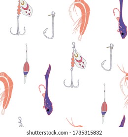 Seamless illustration of fishing tackle. Fishing pattern for printing on packaging, postcards, dishes, wallpaper. Fishing and fly fishing lures seamless pattern. Background or texture for your design.