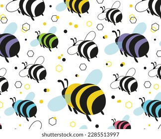 seamless illustration of flying bumblebees in different colors. vector bees, with honeycomb and pollen illustration added