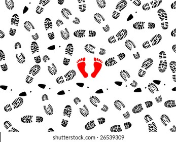 seamless illustration of foot prints with two red bootless imprints