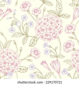 Seamless illustration with graphic Victorian bouquets of pastel colors.