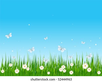 Seamless illustration of grassy field and butterflies