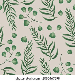 Seamless illustration of green leaves on light background.