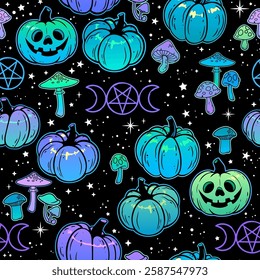 Seamless illustration halloween pumpkins and mushrooms