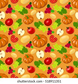 Seamless illustration of harvest fruits and vegetables. Thanksgiving background. Autumn seasonal seamless vector illustration.