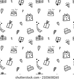 Seamless illustration with hearts and gift boxes on a white background. Festive packaging or wallpaper. Valentine s Day. Vector illustration.
