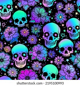 seamless illustration of holographic bright human skulls and flowers
