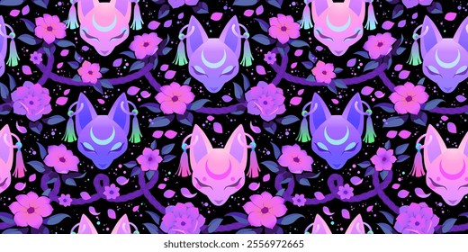 Seamless illustration of kitsune mask and flowers