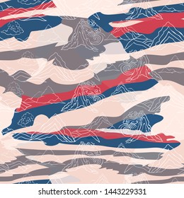 Seamless illustration of landscape with stylized mountains, winds and clouds in asian style. Vector pattern in shades of cream, red, blue, grey and white. Designed for scrapbooking, wallpaper, gifts
