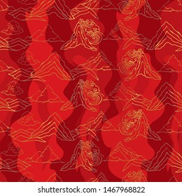 Seamless illustration of landscape with stylized mountains, winds and clouds in asian style. Vector pattern in shades of gold, yellow and red. Designed for scrapbooking, wallpaper, gift wraps, fabric,