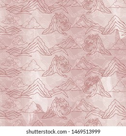 Seamless illustration of landscape with stylized mountains, winds and clouds in asian style. Vector pattern in shades of brown, tan and cream. Designed for scrapbooking, wallpaper, gift wraps, fabric,